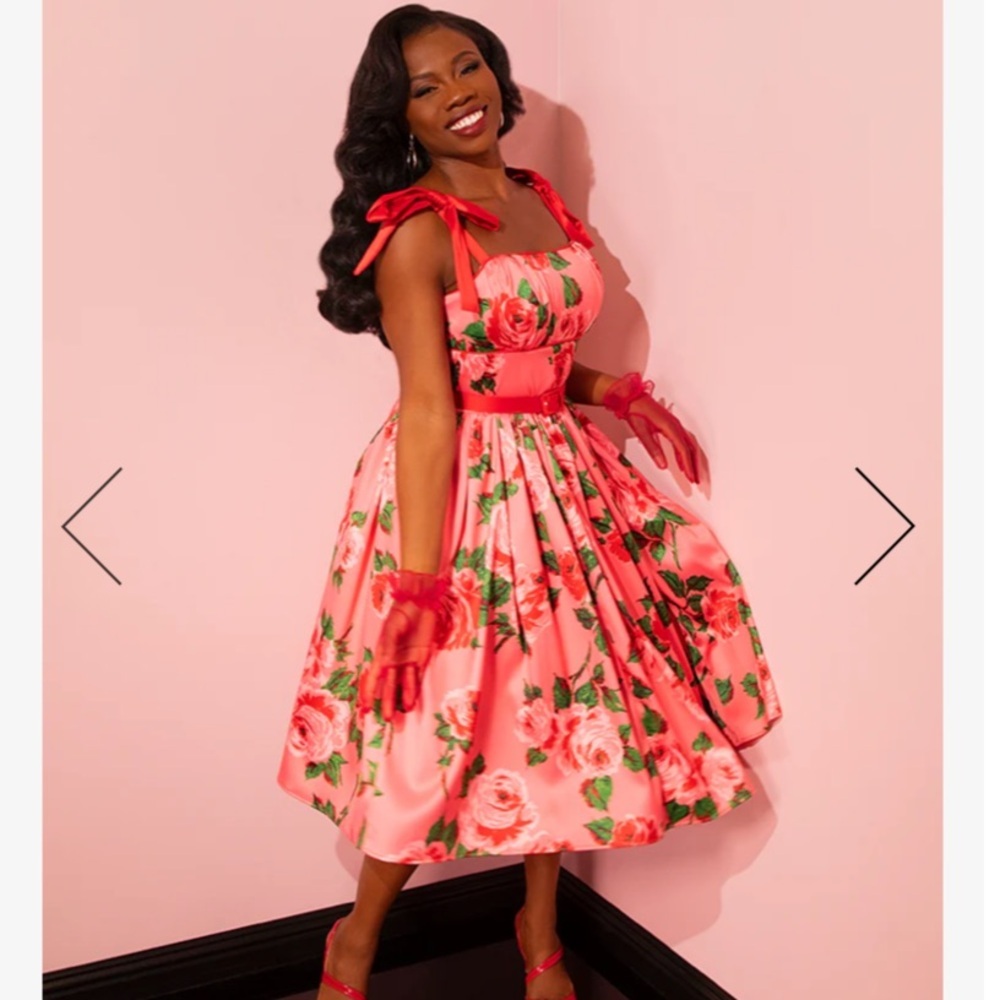 Vixen by Micheline Pitt Pink Floral Fit-and-Flare Dress with Red Straps - Picture 10 of 10